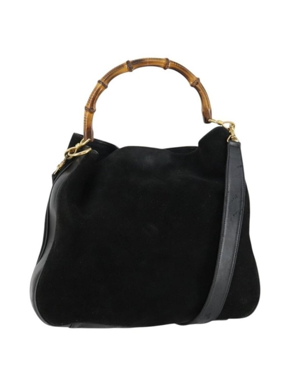 Authentic GUCCI Bamboo Shoulder Bag Suede 2way Black Gold 001 2404 1577